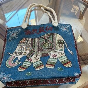 Embroidered Elephant Tote Bag - Blue and Multicolor